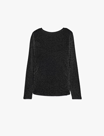 Slim Fit Uzun Kollu Yuvarlak Kayık Yaka Simli Tişört