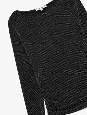 Slim Fit Uzun Kollu Yuvarlak Kayık Yaka Simli Tişört