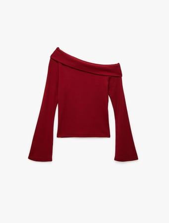 Pamuklu Slim Fit Uzun İspanyol Kollu Omzu Açık Tişört