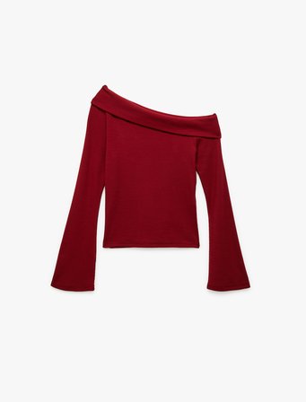 Pamuklu Slim Fit Uzun İspanyol Kollu Omzu Açık Tişört