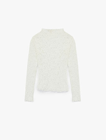 Yarı Transparan Slim Fit Fırfır Detaylı Uzun Kollu Dantel Bluz