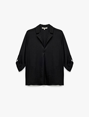 Ceket Yaka Katlama Detaylı 3/4 Kollu Saten Bluz