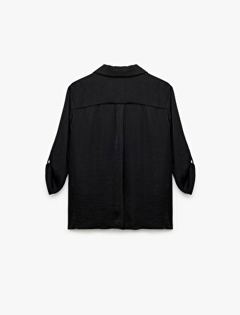 Ceket Yaka Katlama Detaylı 3/4 Kollu Saten Bluz