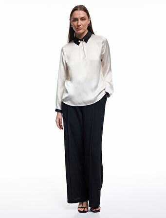 Renk Kontrastlı Metal Aksesuarlı Uzun Kollu Bluz