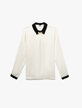 Renk Kontrastlı Metal Aksesuarlı Uzun Kollu Bluz