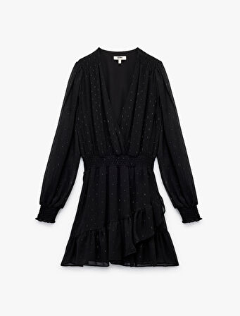 Uzun Kollu Kruvaze Yaka Dokulu Katlı Gipeli Şifon Mini Elbise