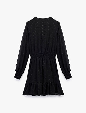 Uzun Kollu Kruvaze Yaka Dokulu Katlı Gipeli Şifon Mini Elbise