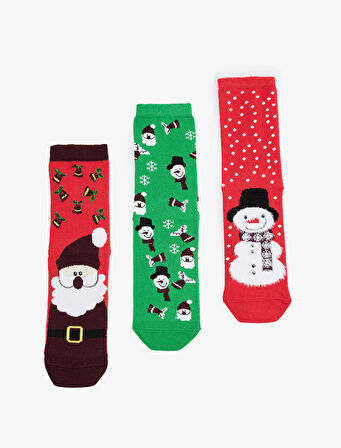Çok Renkli Pamuklu Soket 3'lü Yılbaşı Çorabı Seti