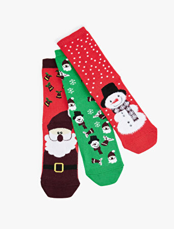 Çok Renkli Pamuklu Soket 3'lü Yılbaşı Çorabı Seti