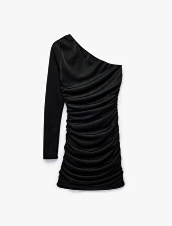 Simli Tek Omuz Uzun Kollu Drapeli Mini Abiye Elbise