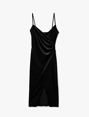 Simli İp Askılı Drapeli Kruvaze Yaka Midi Slip Kadife Abiye Elbise