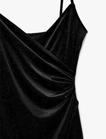 Simli İp Askılı Drapeli Kruvaze Yaka Midi Slip Kadife Abiye Elbise