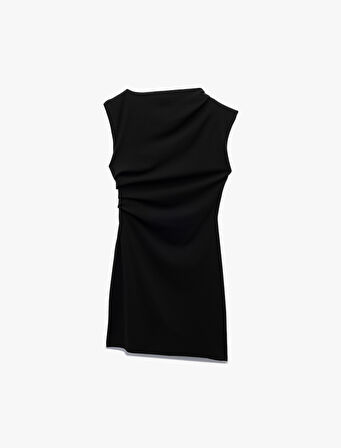 Krep Scuba Kumaş Kolsuz Bisiklet Yaka Drapeli Mini Elbise