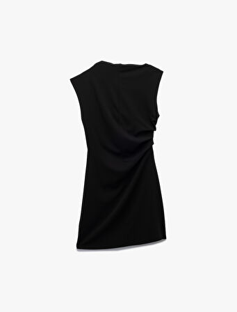 Krep Scuba Kumaş Kolsuz Bisiklet Yaka Drapeli Mini Elbise