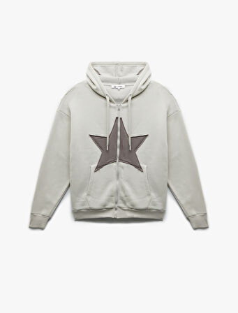 Yıldız Baskılı Şardonlu Kapüşonlu Kanguru Cepli Oversize Fermuarlı Sweatshirt