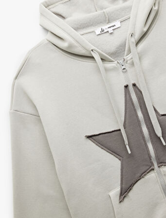 Yıldız Baskılı Şardonlu Kapüşonlu Kanguru Cepli Oversize Fermuarlı Sweatshirt