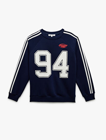 Pamuklu Şardonlu Biyeli Uzun Kollu Bisiklet Yaka Baskılı Sweatshirt