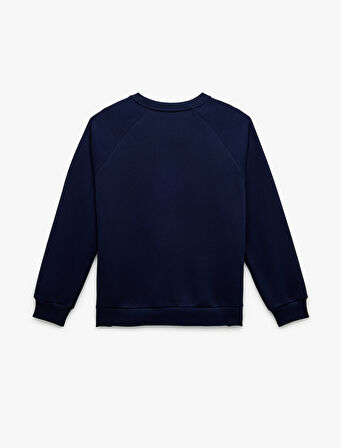 Pamuklu Şardonlu Biyeli Uzun Kollu Bisiklet Yaka Baskılı Sweatshirt