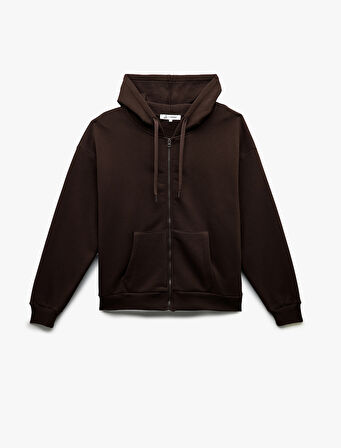 Şardonlu Uzun Kollu Kapüşonlu Kanguru Cepli Oversize Fermuarlı Sweatshirt