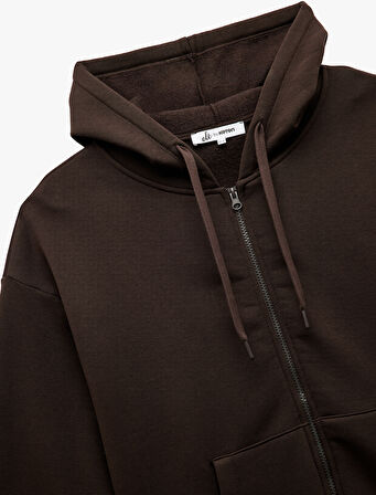 Şardonlu Uzun Kollu Kapüşonlu Kanguru Cepli Oversize Fermuarlı Sweatshirt