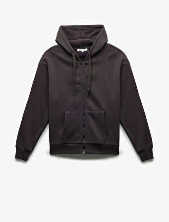 Şardonlu Uzun Kollu Kapüşonlu Kanguru Cepli Oversize Fermuarlı Sweatshirt