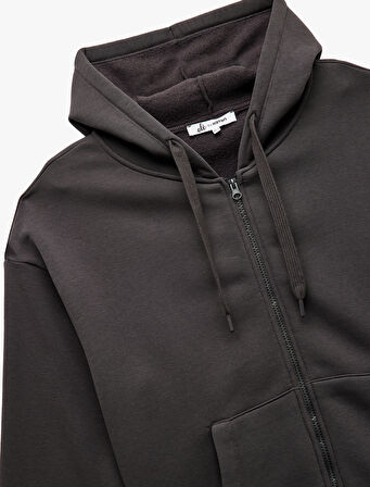 Şardonlu Uzun Kollu Kapüşonlu Kanguru Cepli Oversize Fermuarlı Sweatshirt