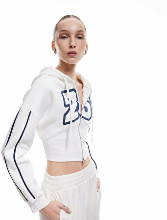 Şardonlu Fermuarlı Korse Detaylı Baskılı Kapüşonlu Sweatshirt