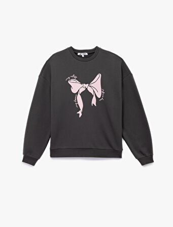 Uzun Kollu Bisiklet Yaka Şardonlu Fiyonk Baskılı Sweatshirt