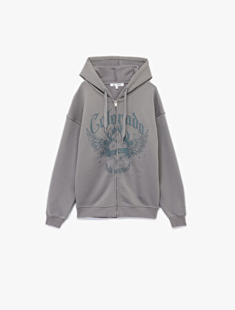 Uzun Kollu Kapüşonlu Fermuarlı Baskılı Oversize Sweatshirt