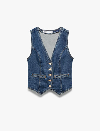 V Yaka Kolsuz Düğmeli Cep Detaylı Denim Yelek 