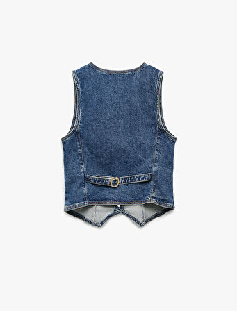V Yaka Kolsuz Düğmeli Cep Detaylı Denim Yelek 