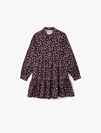 Rahat Kalıp Uzun Kollu Gömlek Yaka Mini Çiçekli Pazen Elbise