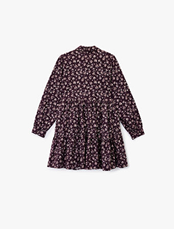 Rahat Kalıp Uzun Kollu Gömlek Yaka Mini Çiçekli Pazen Elbise