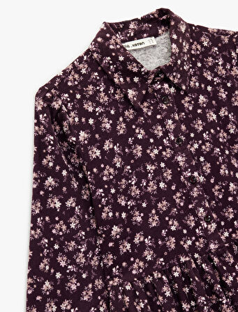 Rahat Kalıp Uzun Kollu Gömlek Yaka Mini Çiçekli Pazen Elbise