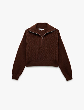 Yarım Fermuarlı Yaka Uzun Kollu Saç Örgü Dokulu Triko Kazak