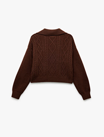 Yarım Fermuarlı Yaka Uzun Kollu Saç Örgü Dokulu Triko Kazak