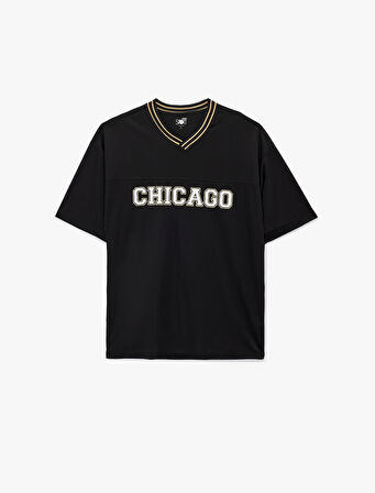 Kısa Kollu V Yaka Grogren Detaylı Baskılı Oversize Spor Tişört