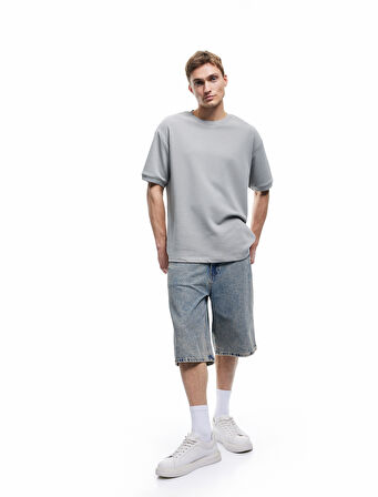 Kısa Kollu Bisiklet Yaka Şardonlu Basic Oversize Tişört