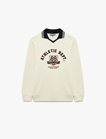 Renk Kontrastlı Polo Yaka Uzun Kollu Kolej Baskılı Sweatshirt