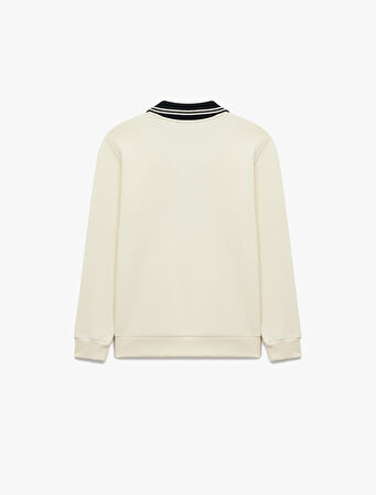 Renk Kontrastlı Polo Yaka Uzun Kollu Kolej Baskılı Sweatshirt