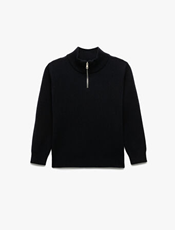 Yarım Fermuarlı Uzun Kollu Viskon Karışımlı Triko Kazak