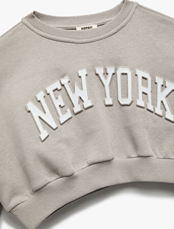 Uzun Kollu Bisiklet Yaka Şardonlu Baskılı Crop Sweatshirt