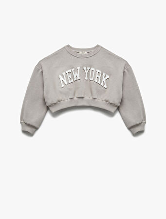 Uzun Kollu Bisiklet Yaka Şardonlu Baskılı Crop Sweatshirt