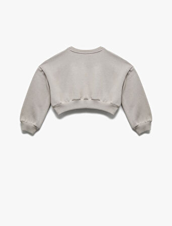 Uzun Kollu Bisiklet Yaka Şardonlu Baskılı Crop Sweatshirt