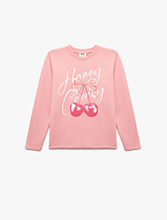 Pamuklu Uzun Kollu Bisiklet Yaka Kiraz Baskılı Tişört