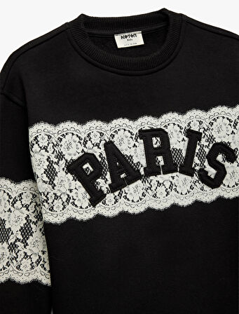 Uzun Kollu Bisiklet Yaka İşlemeli Sweatshirt