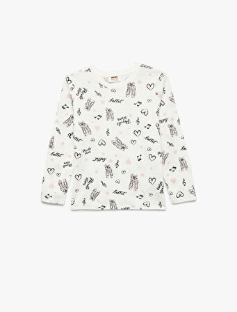 Pamuklu Uzun Kollu Bisiklet Yaka Bale Baskılı Tişört