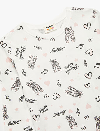 Pamuklu Uzun Kollu Bisiklet Yaka Bale Baskılı Tişört