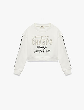 Uzun Kollu Bisiklet Yaka Aplike Detaylı Pamuklu Sweatshirt