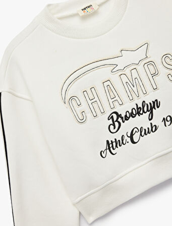 Uzun Kollu Bisiklet Yaka Aplike Detaylı Pamuklu Sweatshirt